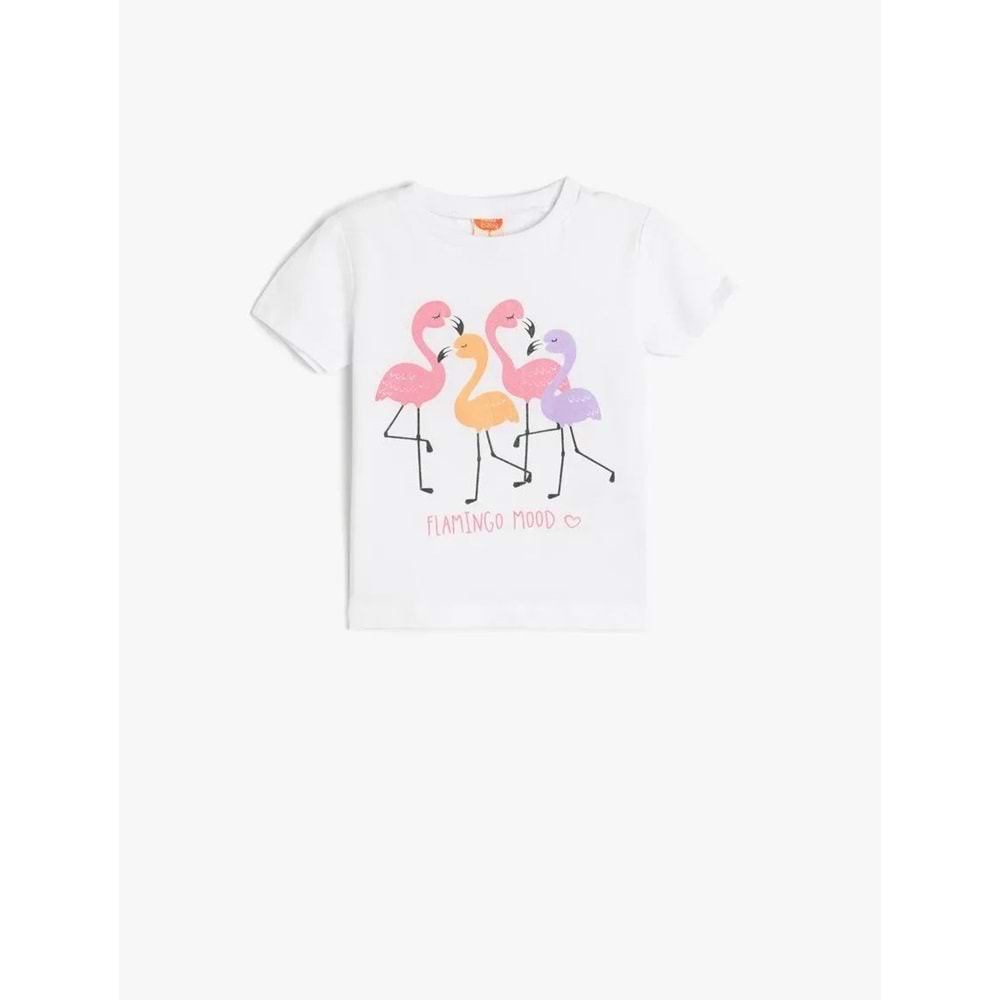 Kız Bebek Flamingo Baskılı Bisiklet Yaka Pamuklu Kısa Kollu Tişört 5SMG10020AK - KOTON - BEYAZ - 12-18 AY