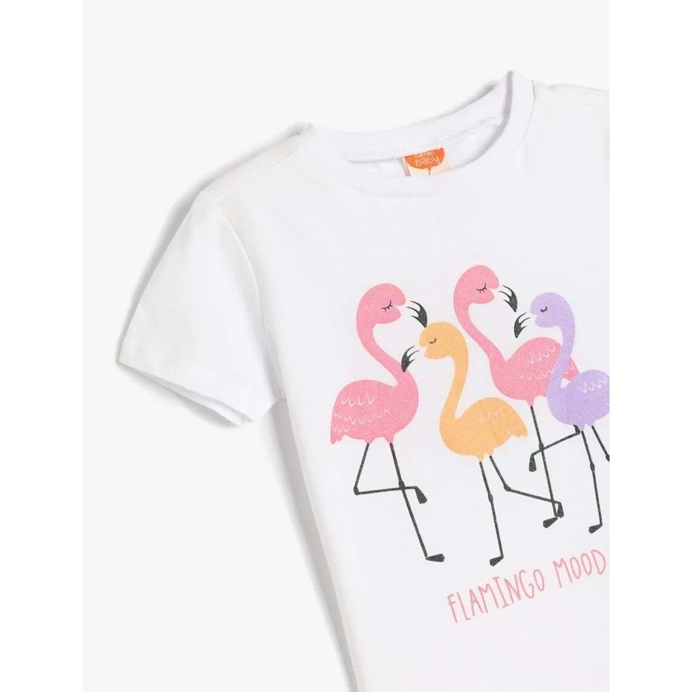Kız Bebek Flamingo Baskılı Bisiklet Yaka Pamuklu Kısa Kollu Tişört 5SMG10020AK - KOTON - BEYAZ - 12-18 AY