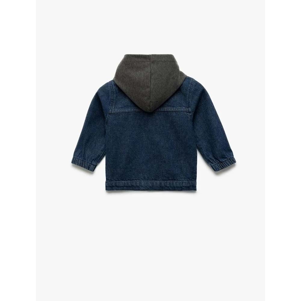 Erkek Bebek Pamuklu Çıkarılabilir Kapşonlu Cepli Uzun Kollu Denim Ceket - KOTON - İNDİGO - 24-36 AY
