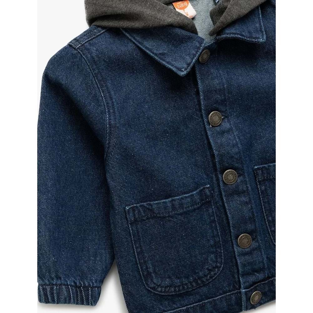 Erkek Bebek Pamuklu Çıkarılabilir Kapşonlu Cepli Uzun Kollu Denim Ceket - KOTON - İNDİGO - 24-36 AY