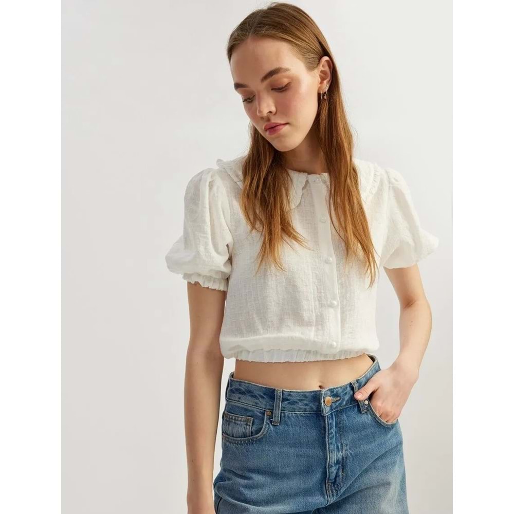 Bebe Yaka Düğmeli Kısa Balon Kol Viskon Karışımlı Crop Bluz 5SAL60019IW - KOTON - BEYAZ - 34