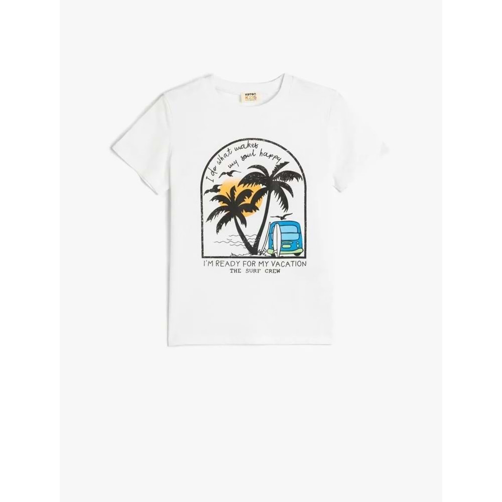 Erkek Çocuk Pamuklu Palmiye Baskılı Bisiklet Yaka Kısa Kollu Tişört 5SKB10088TK - KOTON - BEYAZ - 7-8 YAŞ