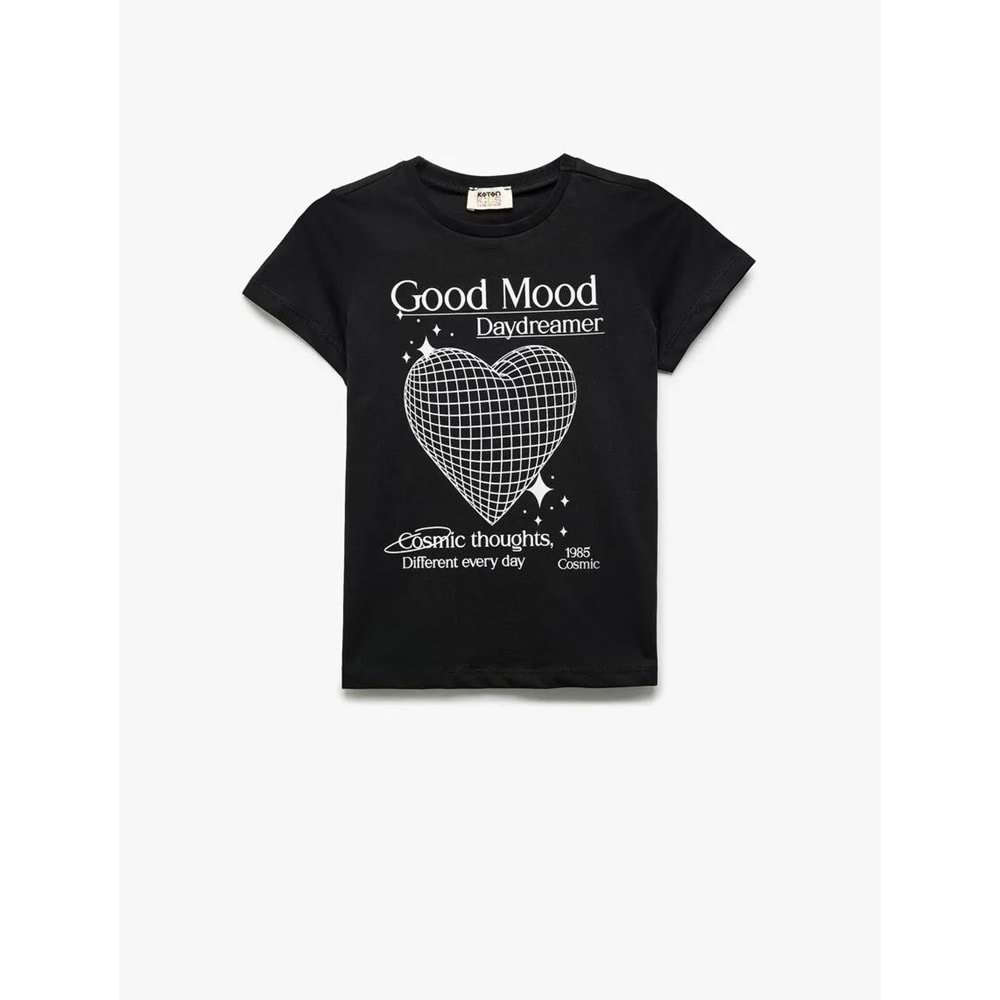 Kız Çocuk Pamuklu Kısa Kollu Bisiklet Yaka Kalp Baskılı Tişört -KOTON- SİYAH - 4-5 YAŞ