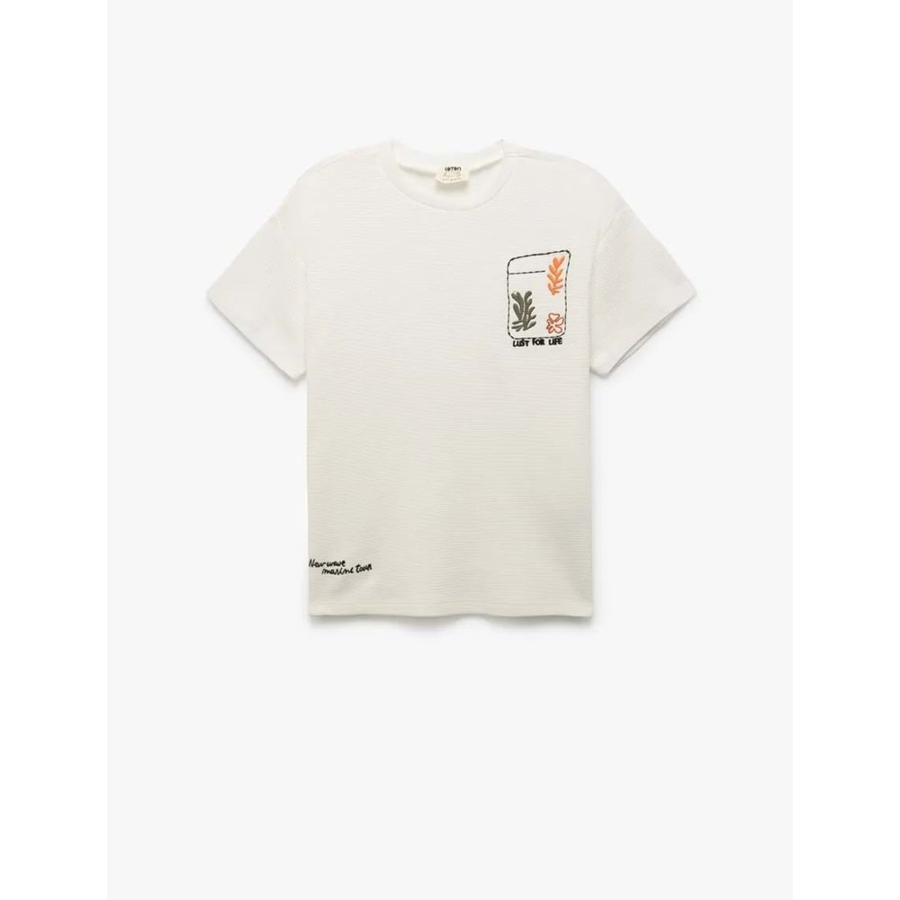 Erkek Çocuk Pamuklu Nakış Detaylı Bisiklet Yaka Kısa Kollu Tişört 5SKB10225TK - KOTON - EKRU - 4-5 YAŞ