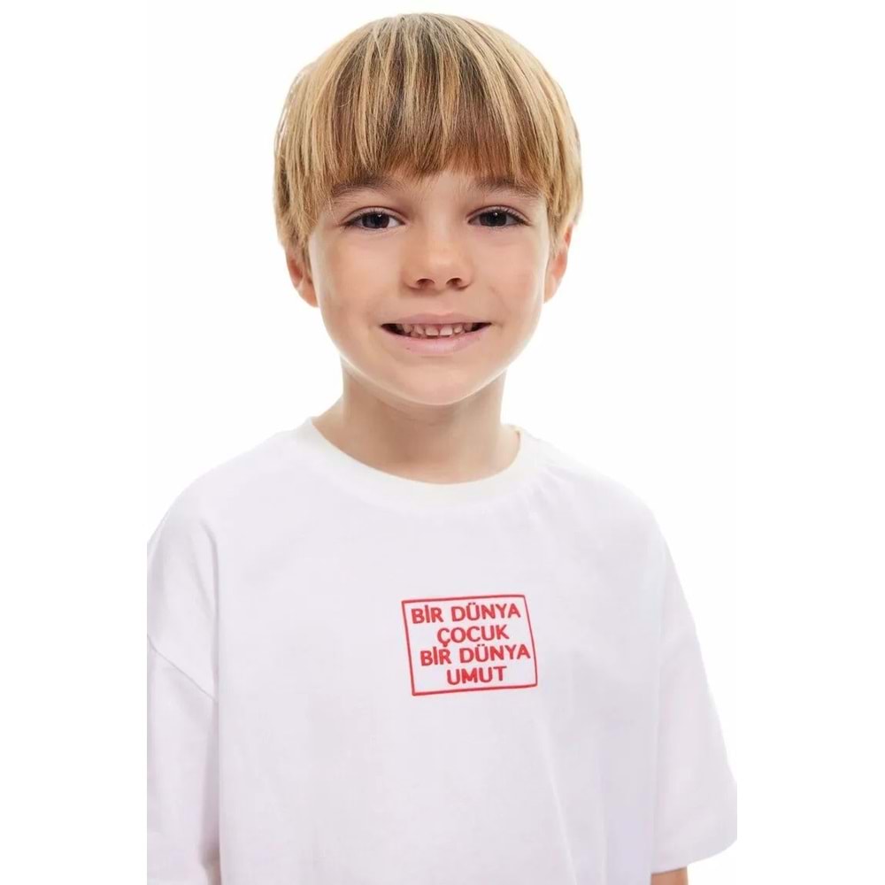 Erkek Çocuk Bisiklet Yaka Kısa Kollu Pamuklu Baskılı Tişört 5SKB10485TK - KOTON - BEYAZ - 4-5 YAŞ