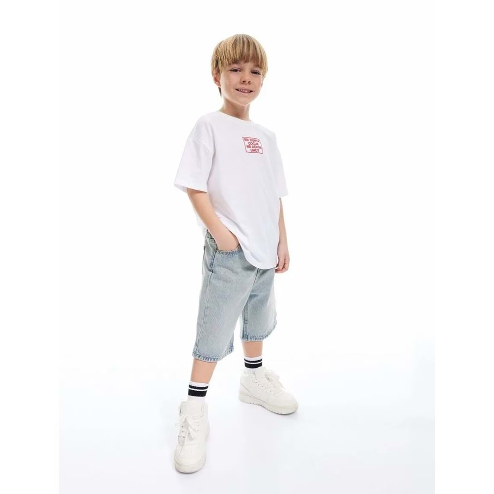 Erkek Çocuk Bisiklet Yaka Kısa Kollu Pamuklu Baskılı Tişört 5SKB10485TK - KOTON - BEYAZ - 7-8 YAŞ