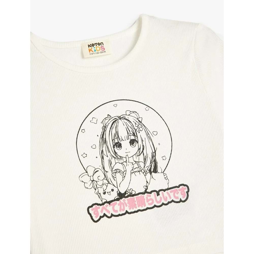 Kız Çocuk Anime Baskılı Kısa Kollu Bisiklet Yaka Pamuklu Tişört - KOTON - EKRU - 4-5 YAŞ