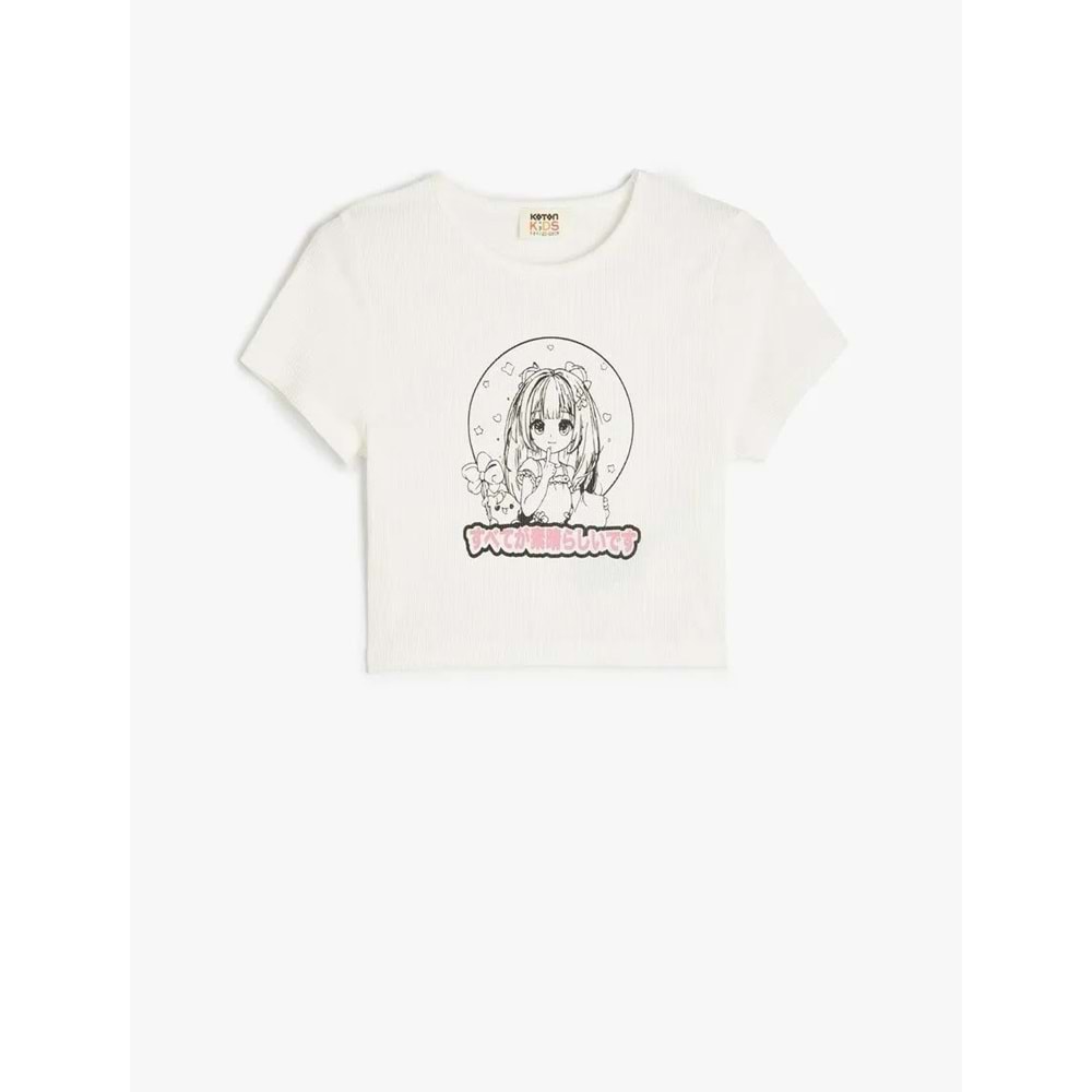 Kız Çocuk Anime Baskılı Kısa Kollu Bisiklet Yaka Pamuklu Tişört - KOTON - EKRU - 4-5 YAŞ