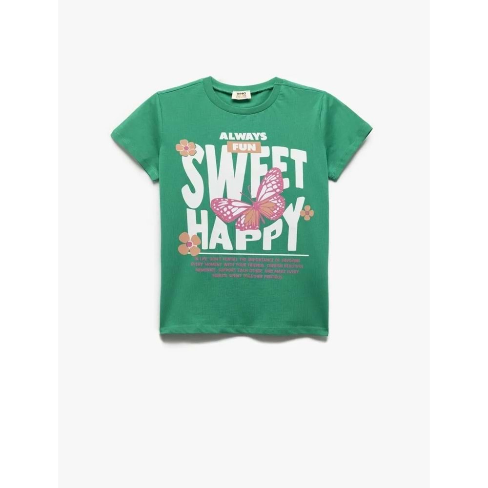 Kız Çocuk Kelebek Baskılı Bisiklet Yaka Pamuklu Kısa Kollu Tişört - KOTON - YEŞİL - 4-5 YAŞ