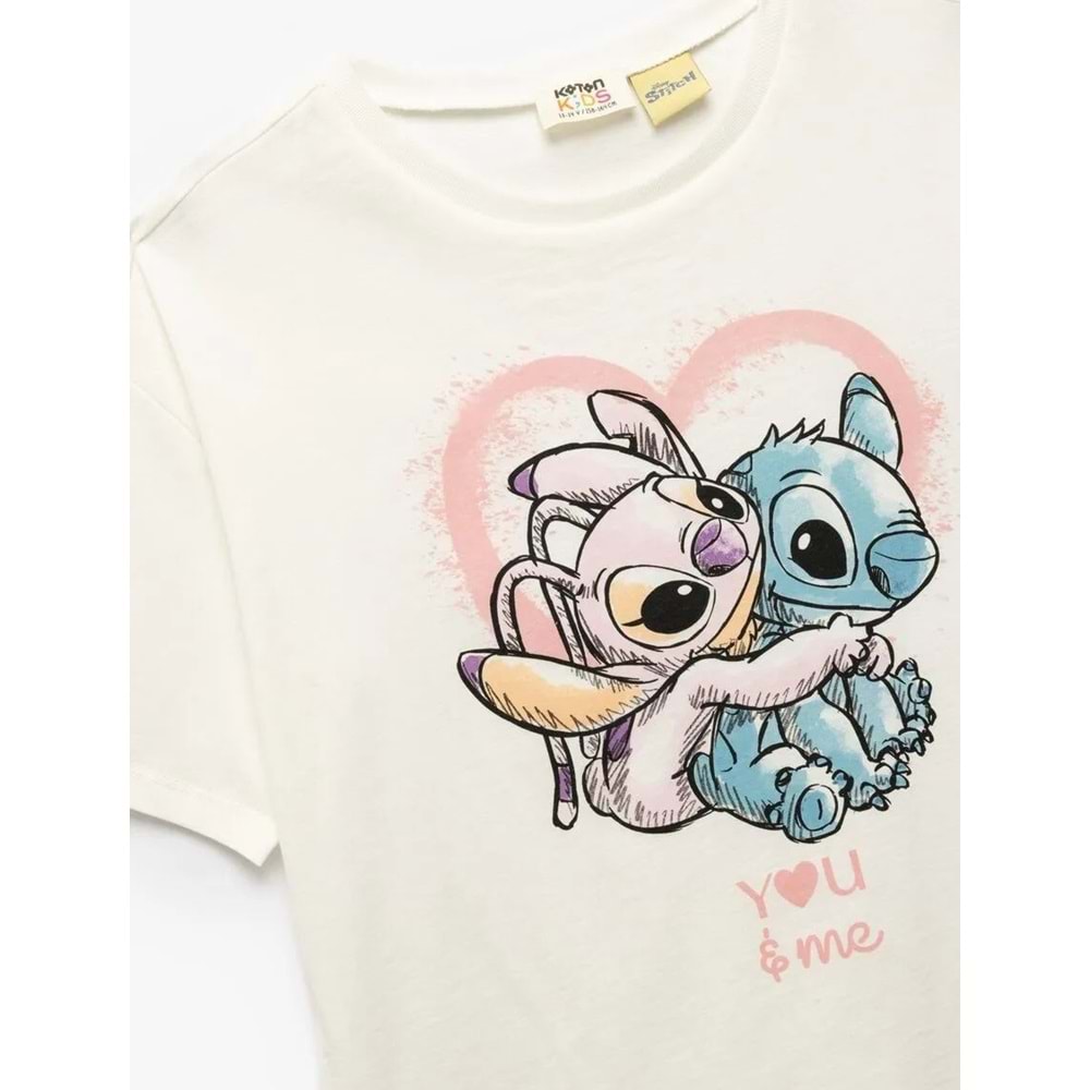 Kız Çocuk Lisanslı Kısa Kollu Bisiklet Yaka Pamuklu Stitch Tişört - KOTON - EKRU - 13-14 YAŞ