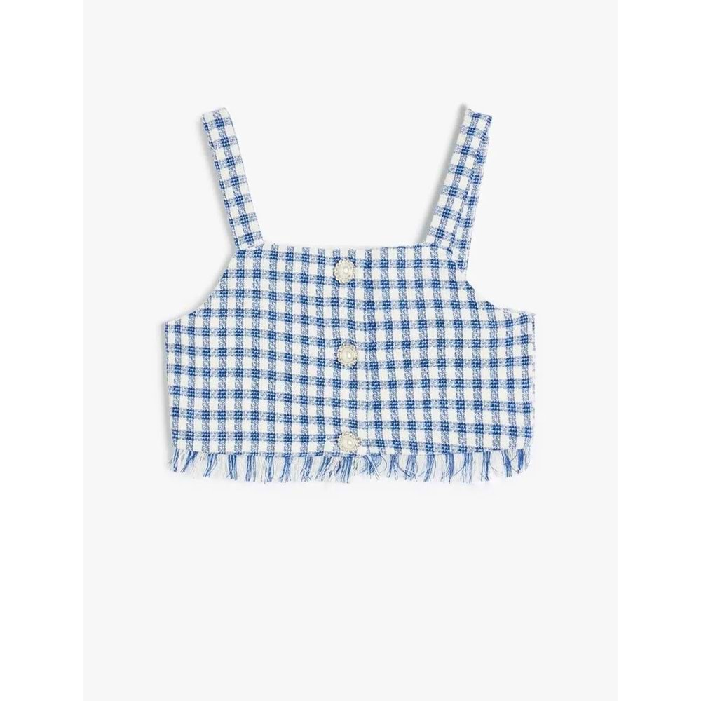 Kız Çocuk Kare Yaka Ekose Desenli Tüvit Crop Bluz 5SKG60036AW - KOTON - LACİVERT EKOSELİ - 13-14 YAŞ