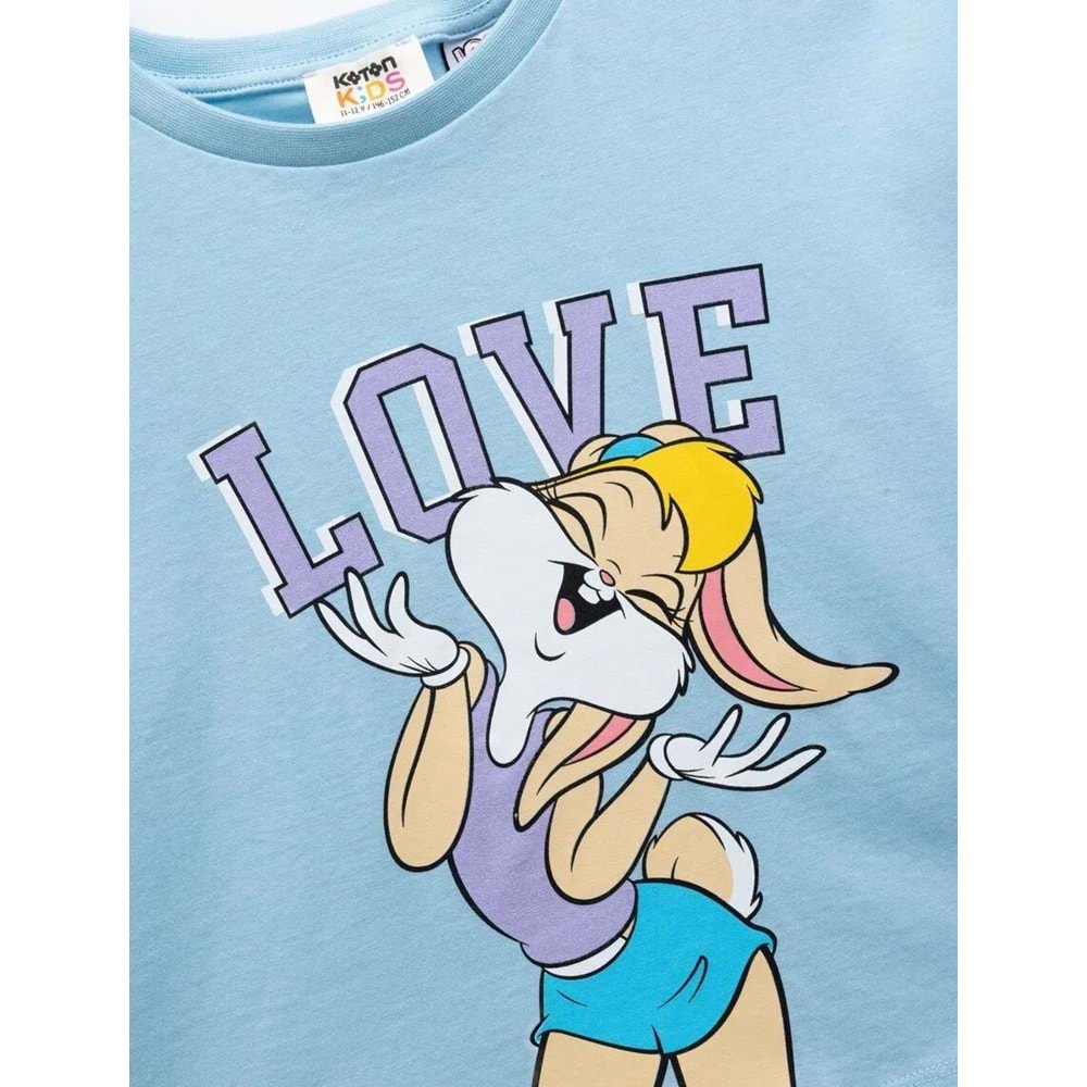 Kız Çocuk Pamuklu Lola Bunny Baskılı Kısa Kollu Bisiklet Yaka Lisanslı Crop Tişört - KOTON - MAVİ - 7-8 YAŞ