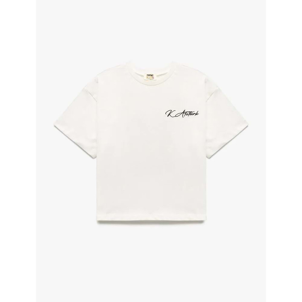 Kız Çocuk Atatürk Baskılı 23 Nisan Temalı Kısa Kollu Pamuklu Tişört - KOTON - EKRU - 7-8 YAŞ