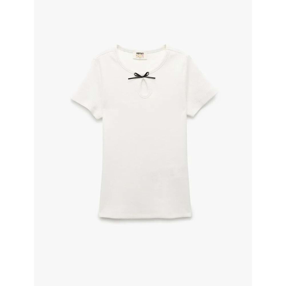 Kız Çocuk Fiyonklu Bisiklet Yaka Kısa Kollu Pamuklu Tişört - KOTON - EKRU - 13-14 YAŞ