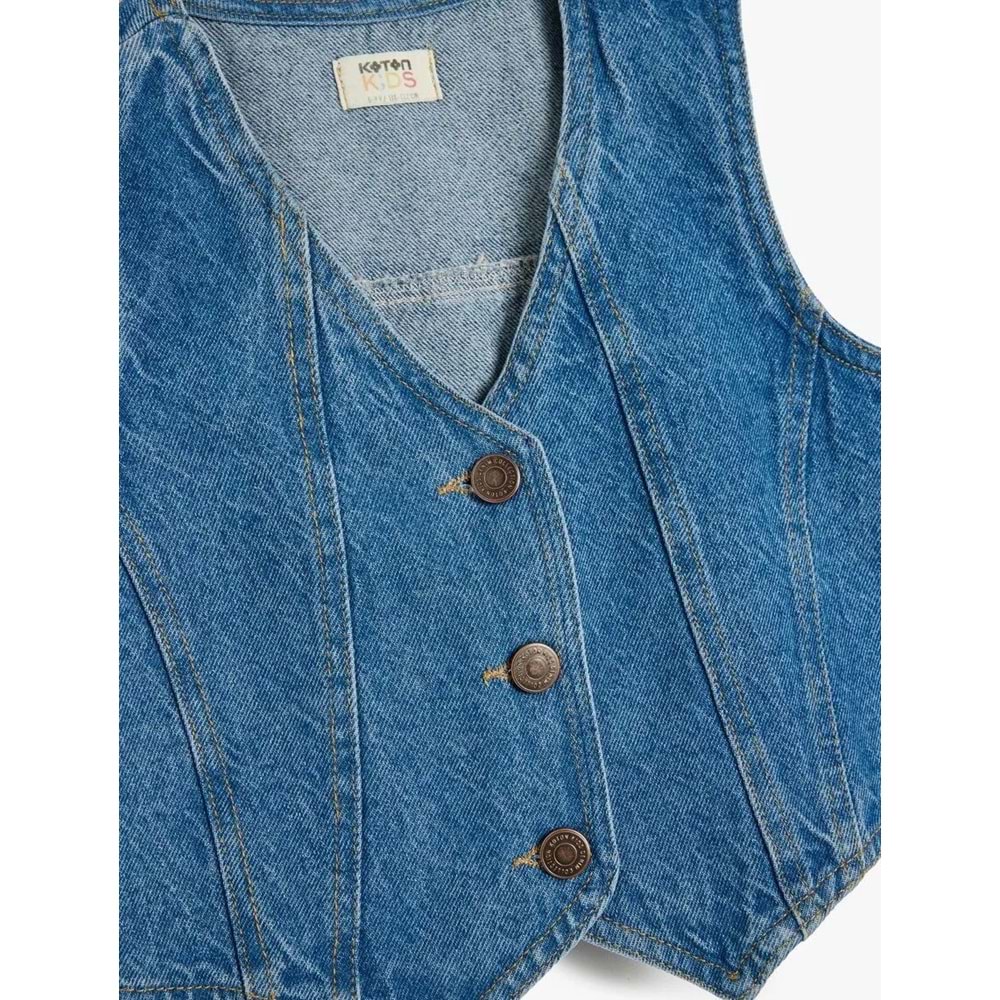 Kız Çocuk Düğme Kapamalı V Yaka Pamuklu Denim Yelek 5SKG20013AD - KOTON - KOYU İNDİGO - 7-8 YAŞ