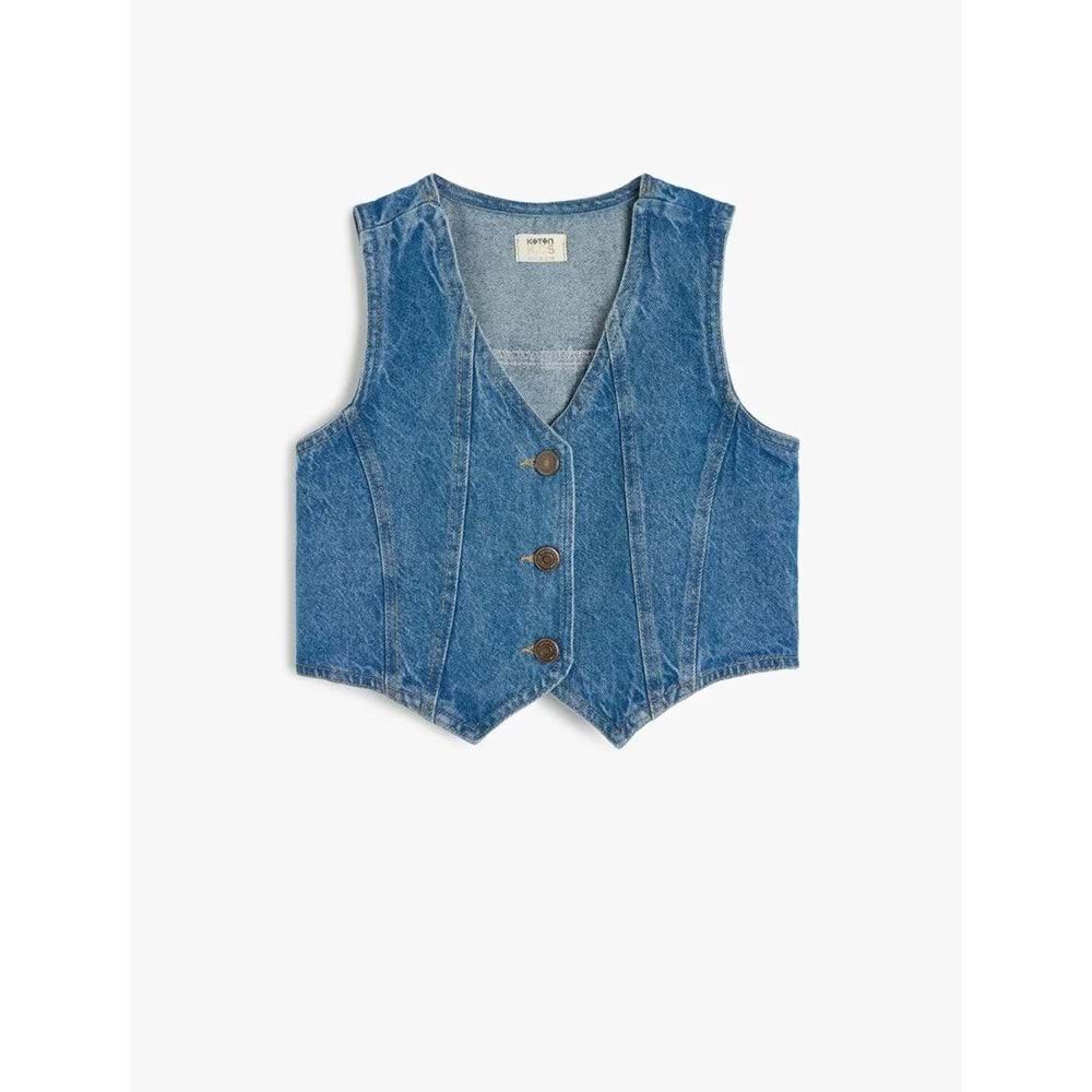 Kız Çocuk Düğme Kapamalı V Yaka Pamuklu Denim Yelek 5SKG20013AD - KOTON - KOYU İNDİGO - 7-8 YAŞ