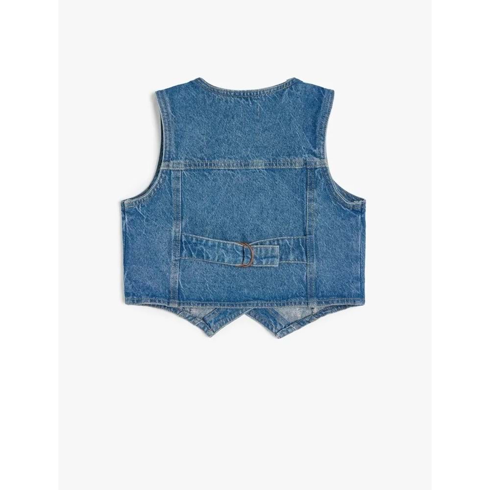 Kız Çocuk Düğme Kapamalı V Yaka Pamuklu Denim Yelek 5SKG20013AD - KOTON - KOYU İNDİGO - 7-8 YAŞ