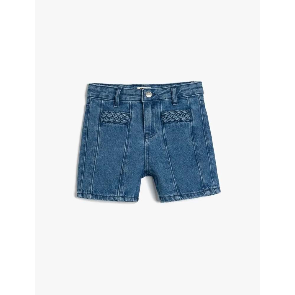Kız Çocuk Pamuklu Yüksek Belli Örgü Detaylı Denim Şort 5SKG40104AD - KOTON - İNDİGO - 11-12 YAŞ