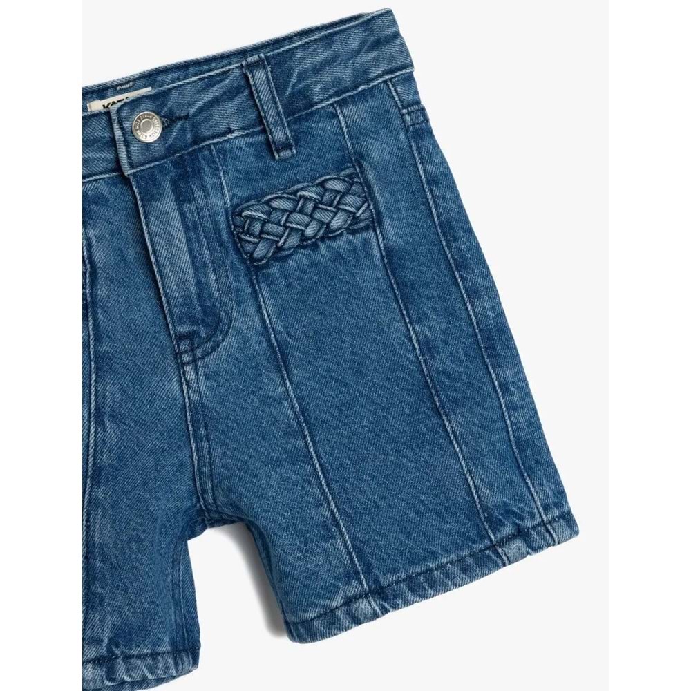 Kız Çocuk Pamuklu Yüksek Belli Örgü Detaylı Denim Şort 5SKG40104AD - KOTON - İNDİGO - 11-12 YAŞ