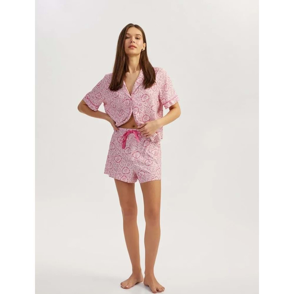 Emily in Paris Lisanslı Kalpli Saten Şort Pijama Altı 5SLK80044MW - KOTON - PEMBE - 34