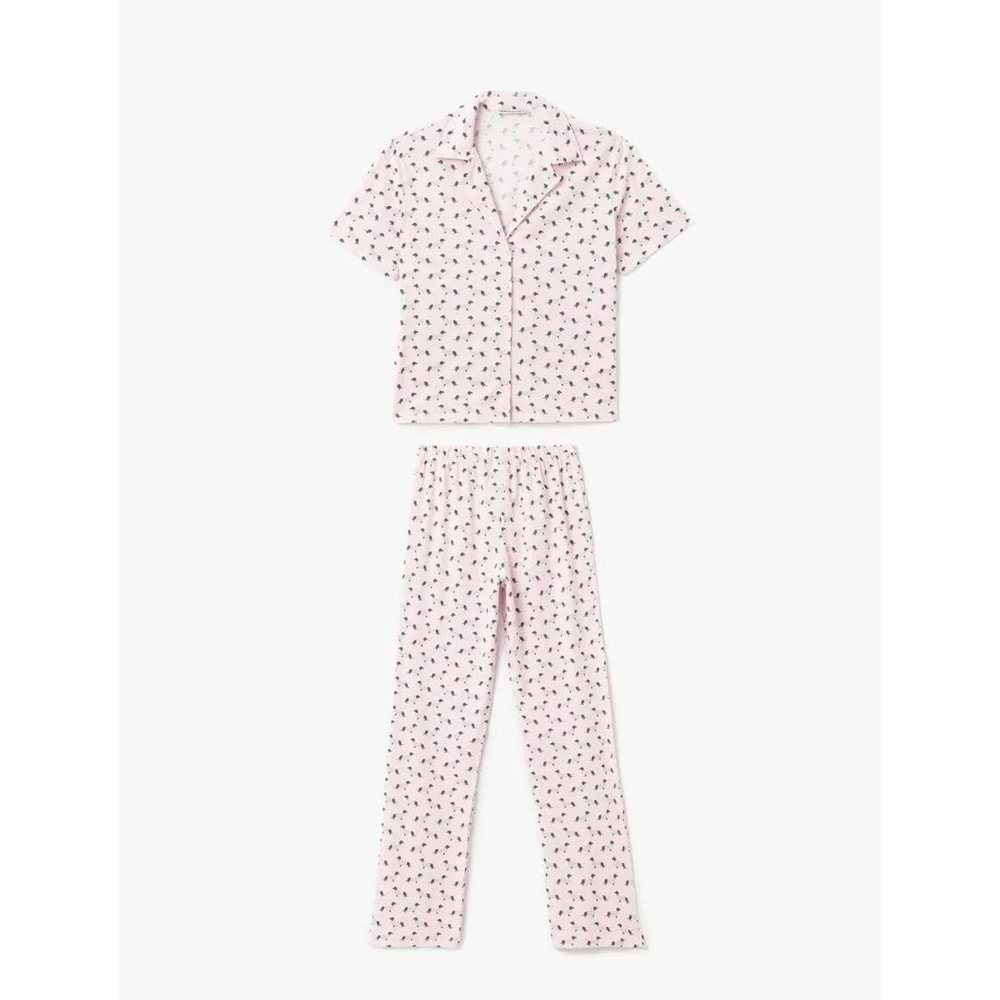 Köpek Grafik Baskılı Pamuklu Gömlek Yaka Pijama Takımı 5SLK40051MK - KOTON - PEMBE - M