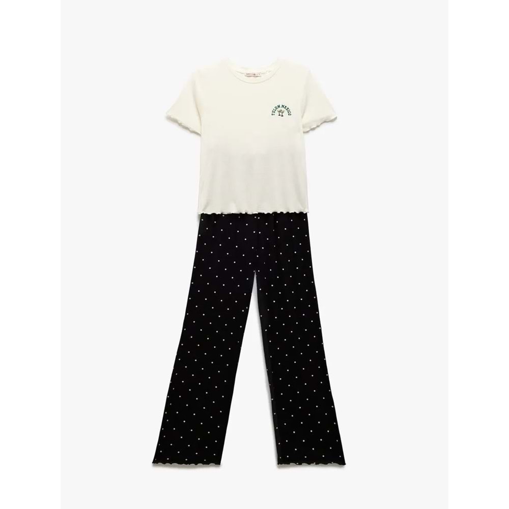 Nakış Detaylı Viskon Kısa Kollu Puantiyeli Pijama Takımı 5SLK40022MK - KOTON - EKRU - S