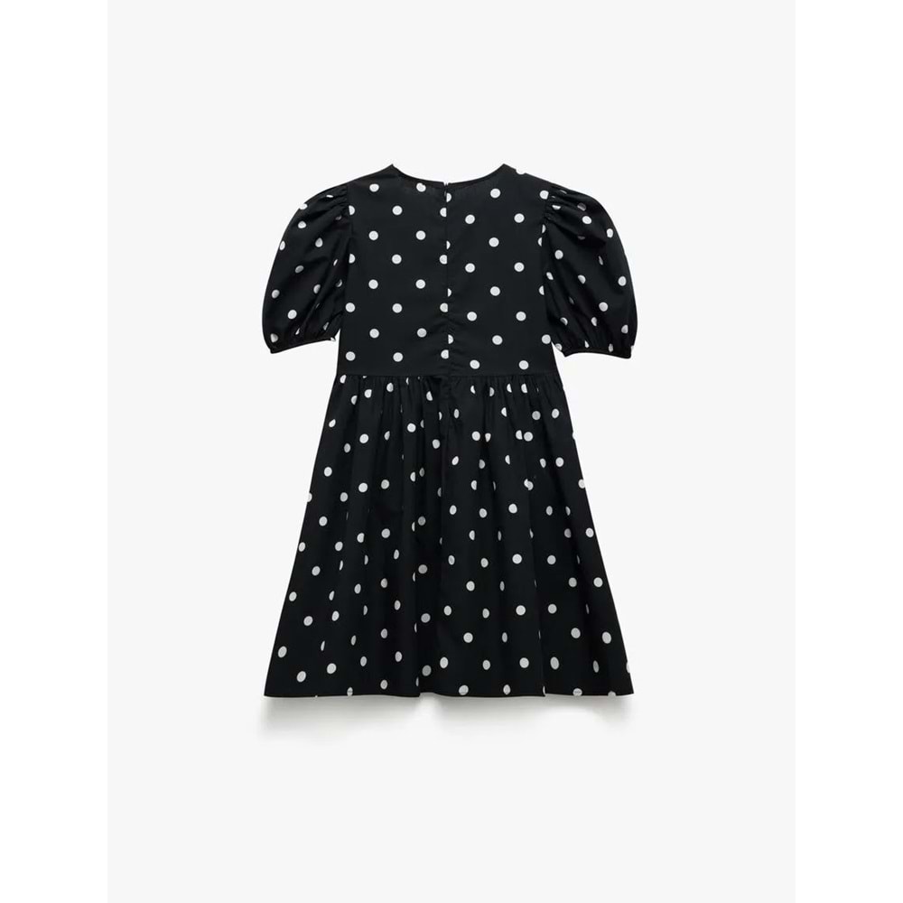 Kız Çocuk Pamuklu Balon Kollu Yuvarlak Yaka Kurdele Detaylı Puantiyeli Elbise 5SKG80068AW