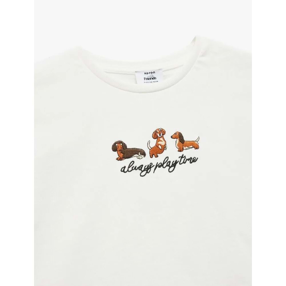 Kız Çocuk Nakış Detaylı Kısa Kollu Pamuklu Crop Tişört 5SKG10490AK - KOTON - EKRU - 7-8 YAŞ