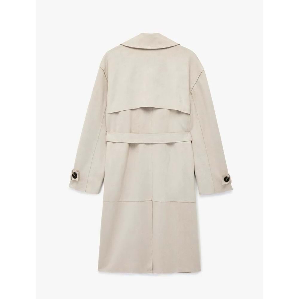 Uzun Kollu Cepli Kemerli Kruvaze Suni Süet Trençkot - 6WAK00194EW - Taş - 42