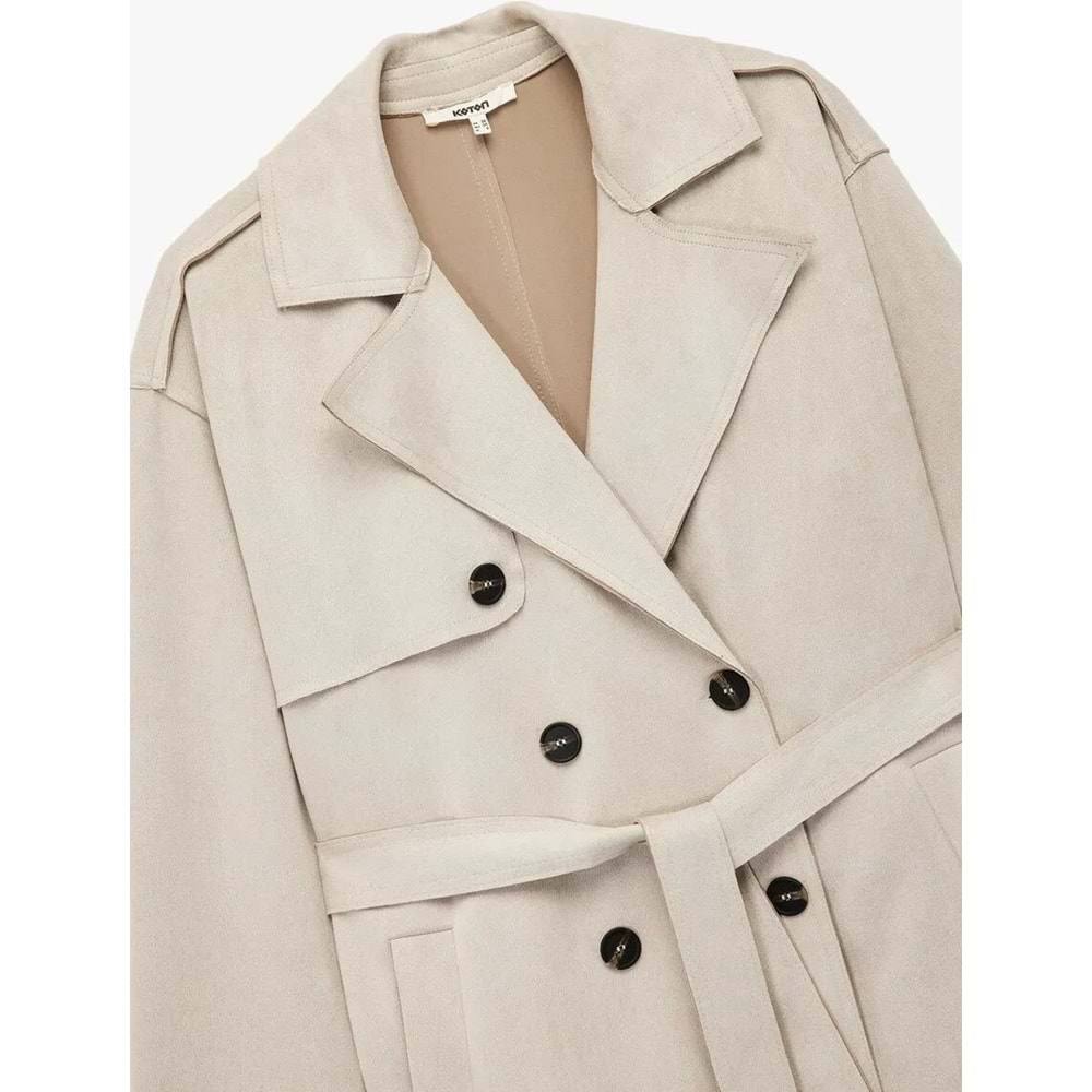 Uzun Kollu Cepli Kemerli Kruvaze Suni Süet Trençkot - 6WAK00194EW - Taş - 42