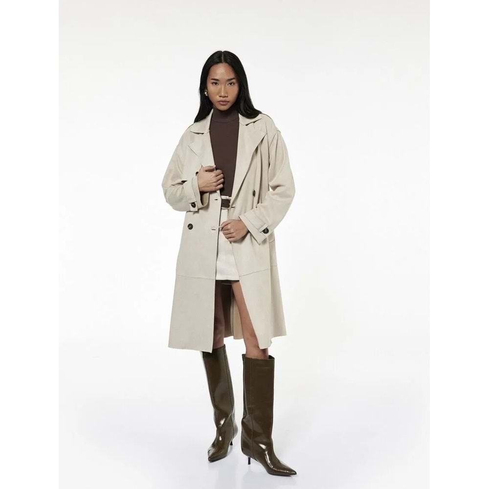 Uzun Kollu Cepli Kemerli Kruvaze Suni Süet Trençkot - 6WAK00194EW - Taş - 42