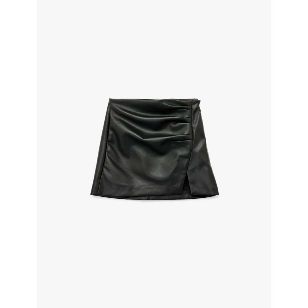 Drapeli Yırtmaçlı Suni Deri Mini Etek - 6WAK70007EW - SİYAH - 40