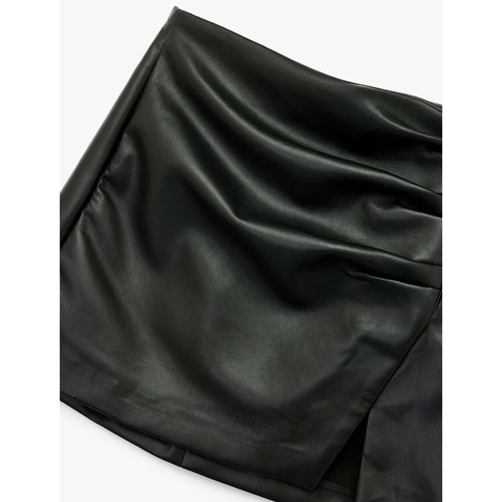 Drapeli Yırtmaçlı Suni Deri Mini Etek - 6WAK70007EW - SİYAH - 40