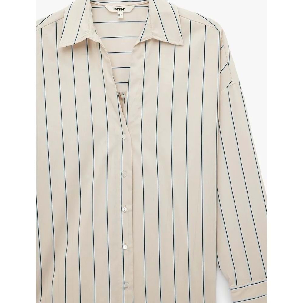 Pamuklu Regular Fit Uzun Kollu Düğmeli Çizgili Poplin Gömlek 6SAK60153PW - KOTON - BEJ ÇİZGİLİ - 34