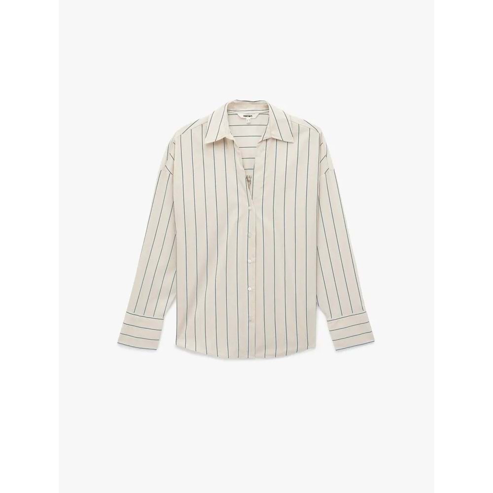 Pamuklu Regular Fit Uzun Kollu Düğmeli Çizgili Poplin Gömlek 6SAK60153PW - KOTON - BEJ ÇİZGİLİ - 34