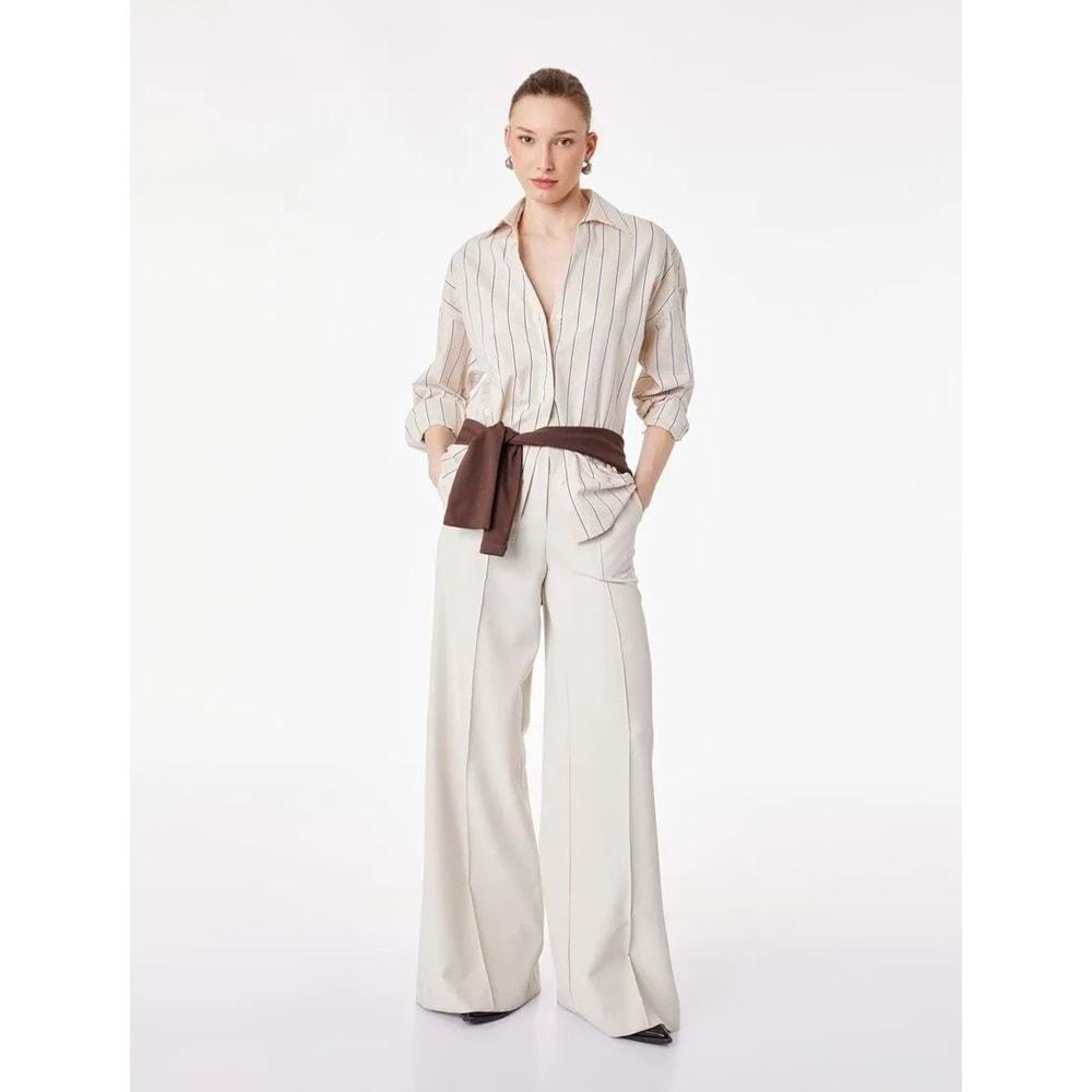 Pamuklu Regular Fit Uzun Kollu Düğmeli Çizgili Poplin Gömlek 6SAK60153PW - KOTON - BEJ ÇİZGİLİ - 38