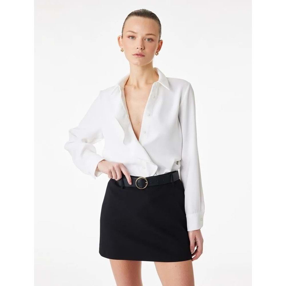 Regular Fit Uzun Kollu Düğmeli Klasik Yaka Volanlı Gömlek 6SAK60288UW - KOTON - EKRU - 34