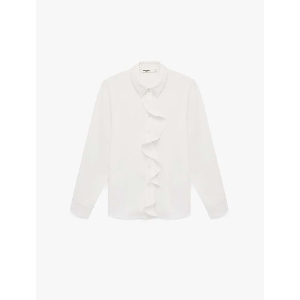 Regular Fit Uzun Kollu Düğmeli Klasik Yaka Volanlı Gömlek 6SAK60288UW - KOTON - EKRU - 34