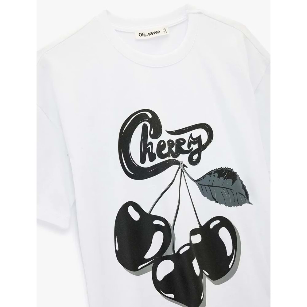 Kısa Kollu Bisiklet Yaka Arkası Kiraz Baskılı Oversize Tişört 6SAL10075IK - KOTON - EKRU - L