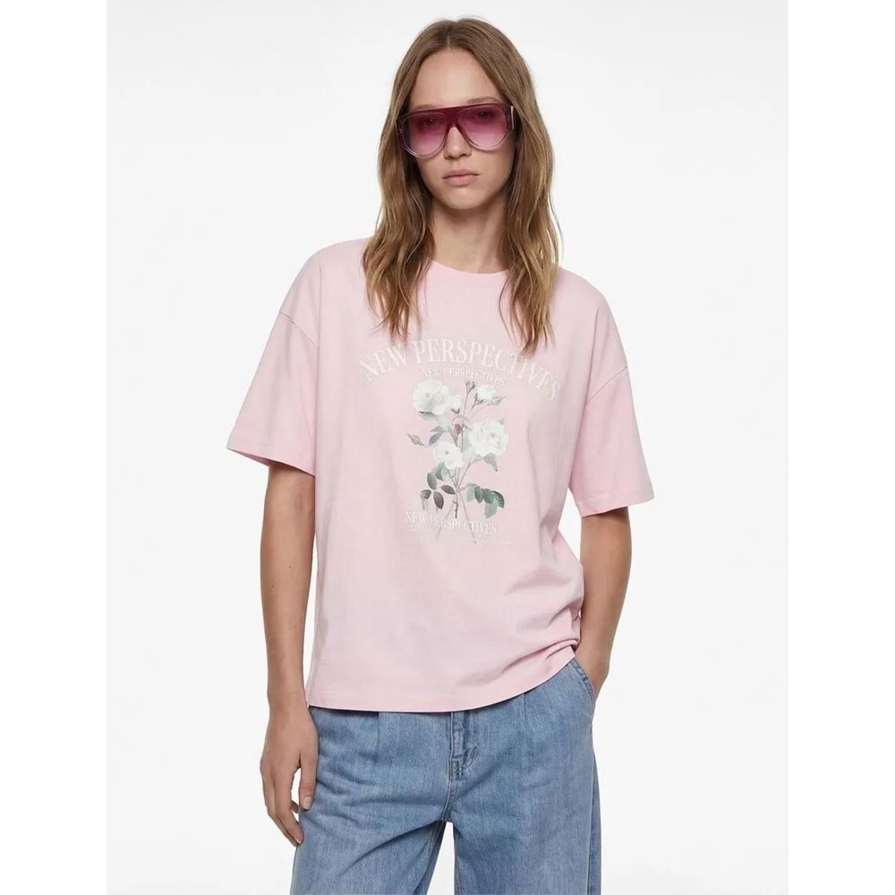 Kısa Kollu Bisiklet Yaka Pamuklu Çiçek Baskılı Oversize Tişört 6SAL10106IK - KOTON - PEMBE - S