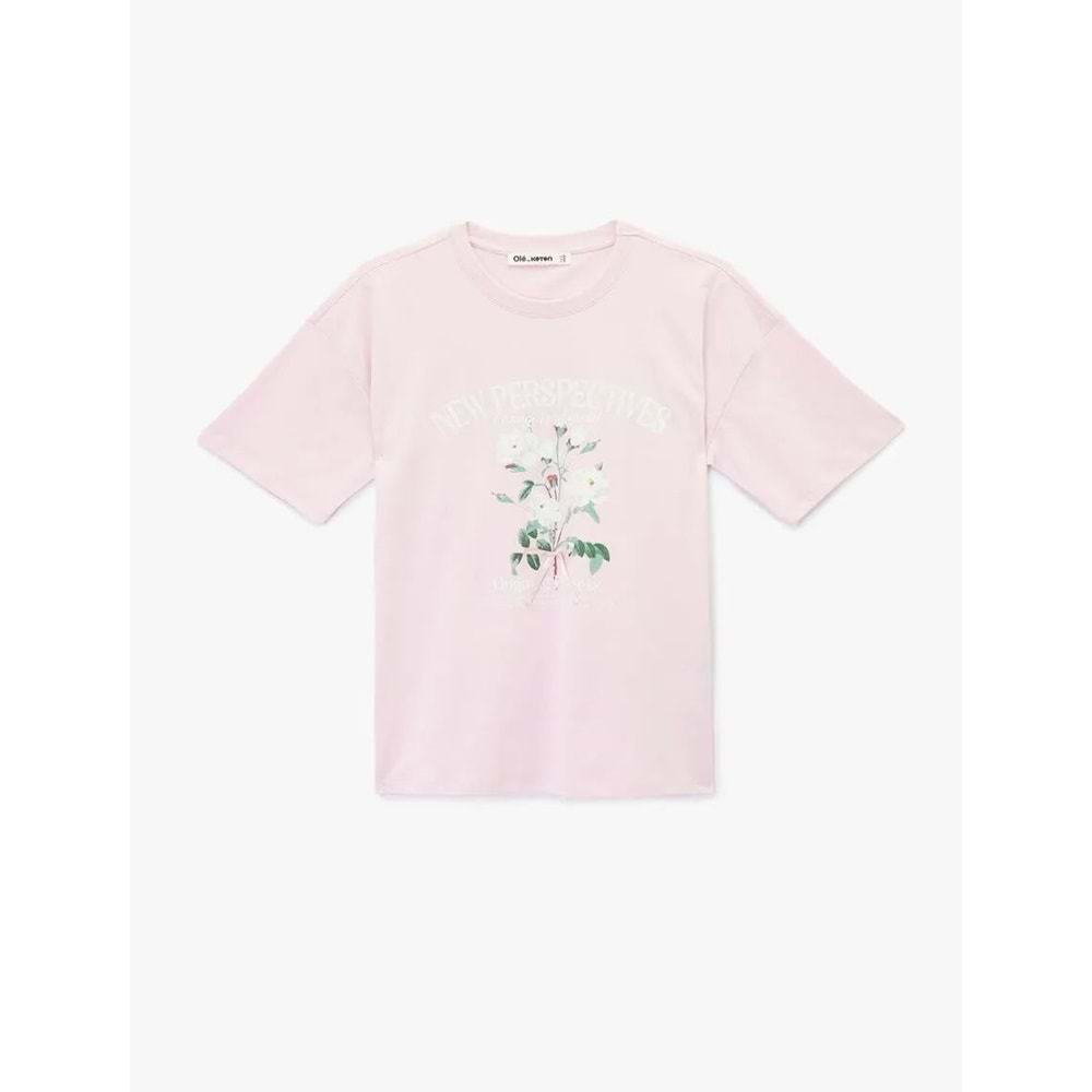 Kısa Kollu Bisiklet Yaka Pamuklu Çiçek Baskılı Oversize Tişört 6SAL10106IK - KOTON - PEMBE - S