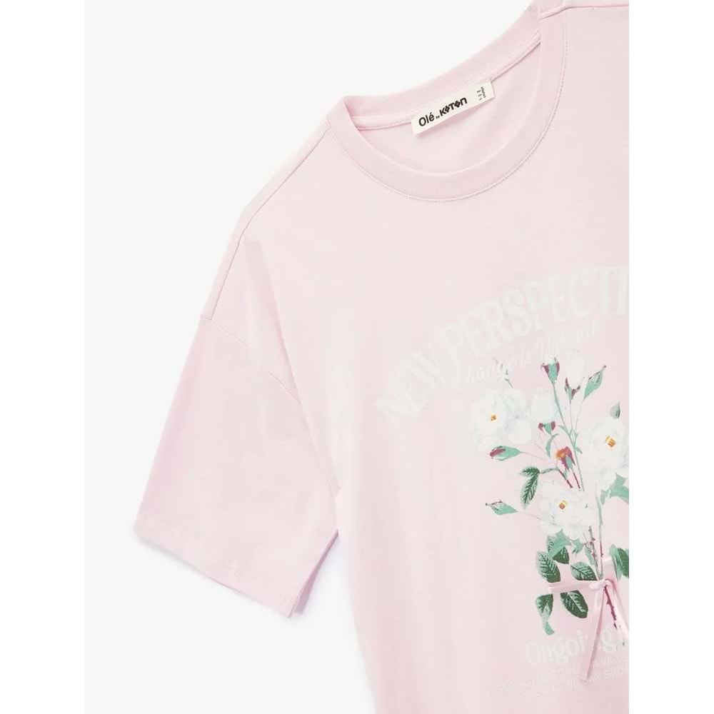 Kısa Kollu Bisiklet Yaka Pamuklu Çiçek Baskılı Oversize Tişört 6SAL10106IK - KOTON - PEMBE - S