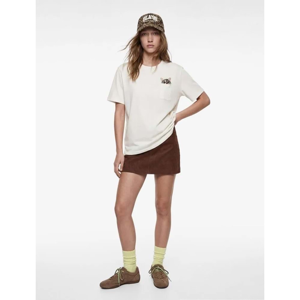 Cep Detaylı Bisiklet Yaka Kedi Nakışlı Oversize Tişört 6SAL10131IK - KOTON - EKRU - XS