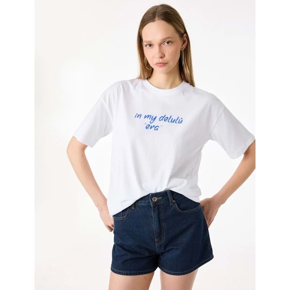 Rahat Kalıp Kısa Kollu Bisiklet Yaka Pamuklu Baskılı Tişört 6SAL10677IK - KOTON - EKRU - M