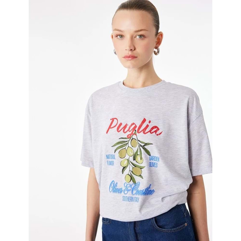 Kısa Kollu Bisiklet Yaka Zeytin Baskılı Tişört 6SAK50032EK - KOTON - GRİ - M