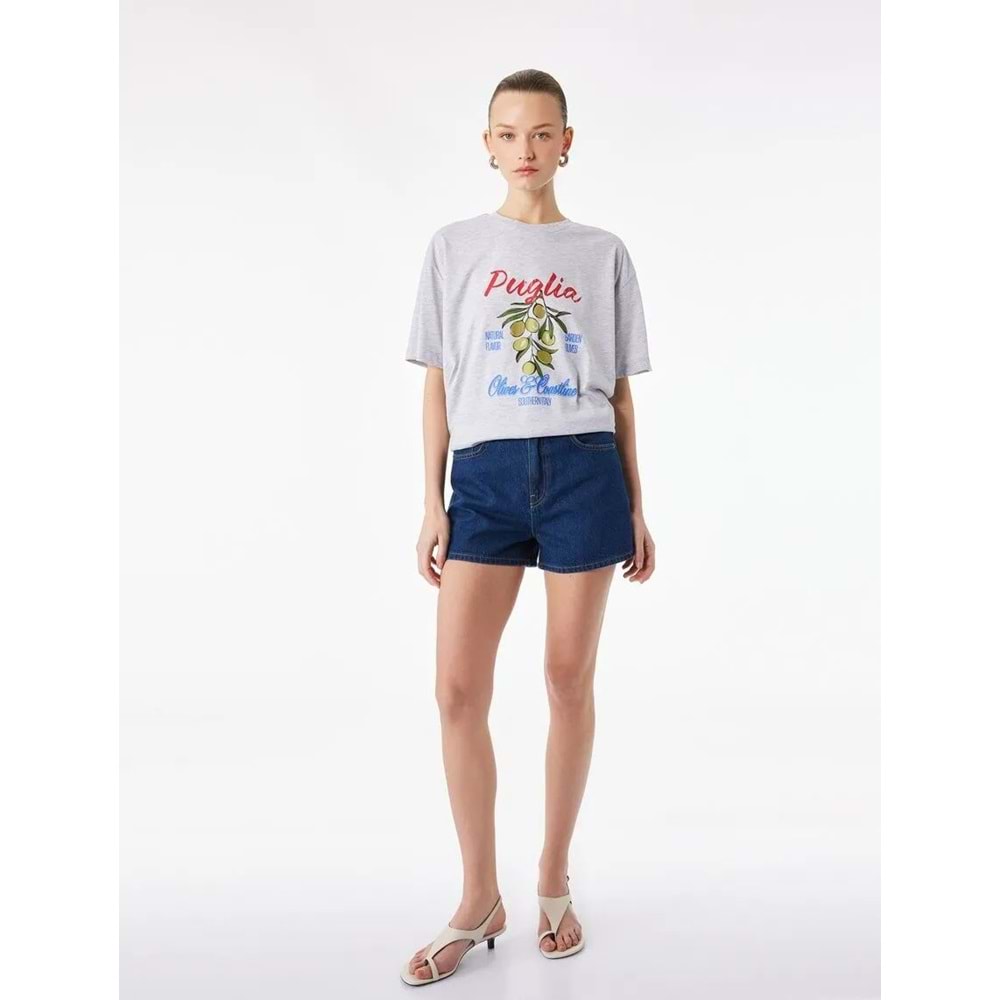 Kısa Kollu Bisiklet Yaka Zeytin Baskılı Tişört 6SAK50032EK - KOTON - GRİ - M