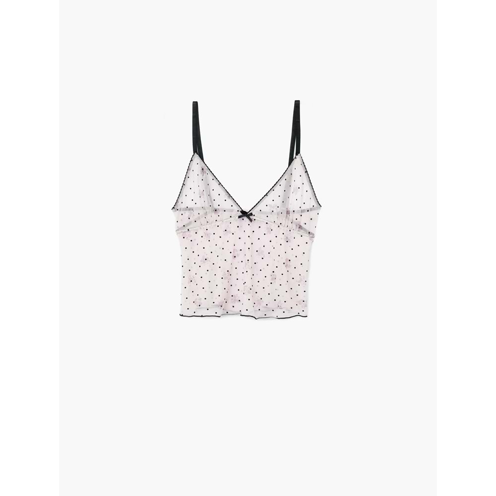 Puantiyeli V Yaka Slim Fit Fiyonklu Tüllü Crop Pijama Üstü - 7WLK90004MK