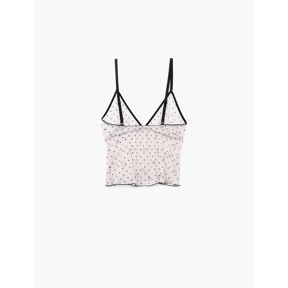 Puantiyeli V Yaka Slim Fit Fiyonklu Tüllü Crop Pijama Üstü - 7WLK90004MK
