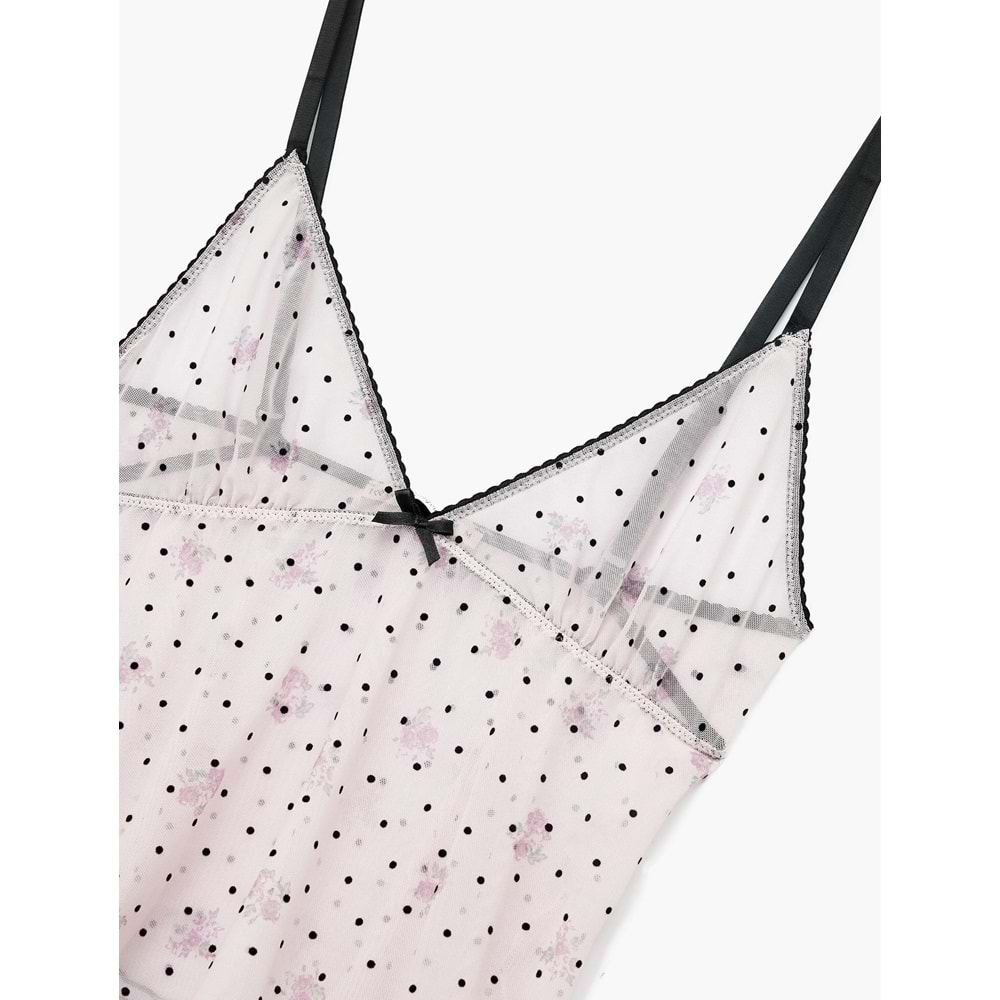 Puantiyeli V Yaka Slim Fit Fiyonklu Tüllü Crop Pijama Üstü - 7WLK90004MK