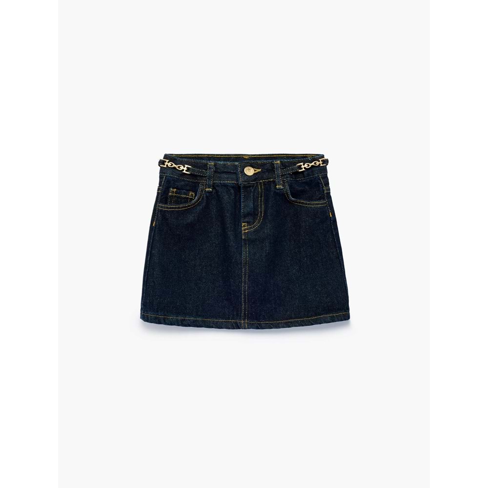 Kız Çocuk Cepli Kemer Detaylı A Kesim Pamuklu Bol Kalıp Denim Etek - 7WKG70004AD